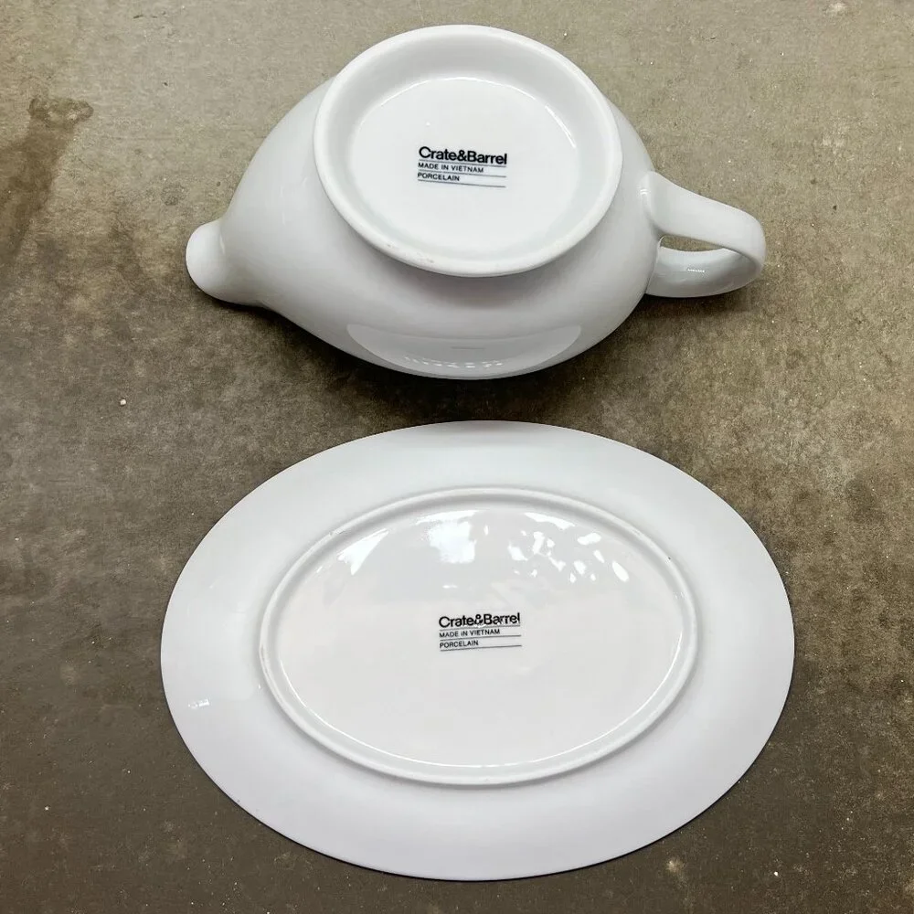 Crate&Barrel White Porcelain Gravy Boat and Saucer